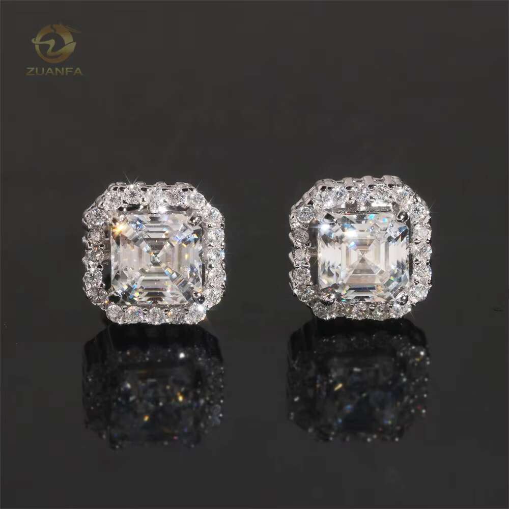 Wholesale Price Hip Hop Halo Asscher Cut Gemstones VVS Moissanite Silver Men Gold Plated Earrings