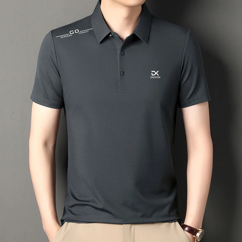 Summer Mens Letter Printed Ice Silk Polo Shirt Trendy Business Casual Traceless Lapel T-shirt Mens Top 250407