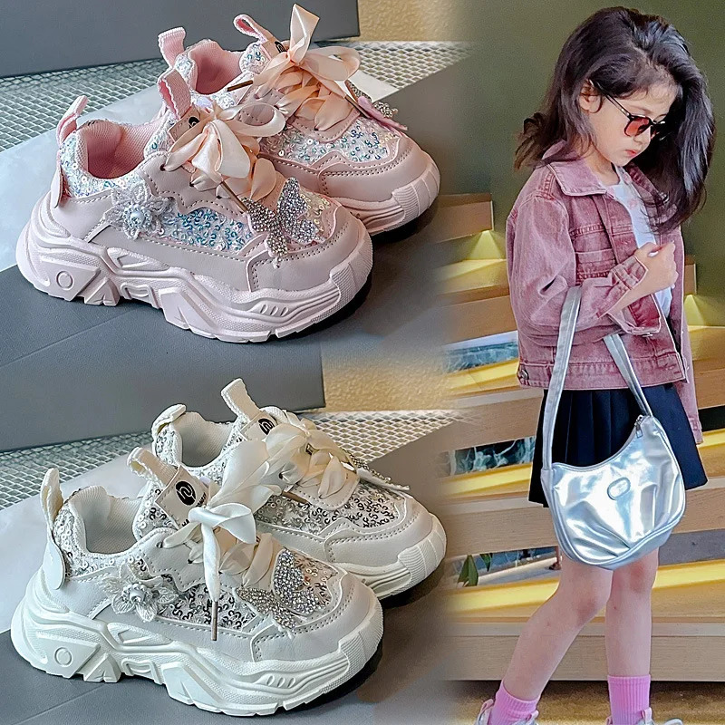 Spring childrens sports shoes fashionable sequins butterfly girls princess shoes soft soled anti slip childrens casual running shoes 250409