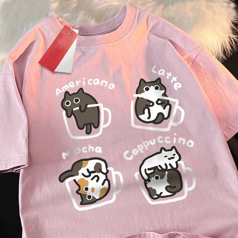 Cat Coffee Pure Cotton Trendy Summer Loose Short sleeved T-shirt Mens Original Mocha Latte Cat Three Flowers Fun Cat TeesXJ250409