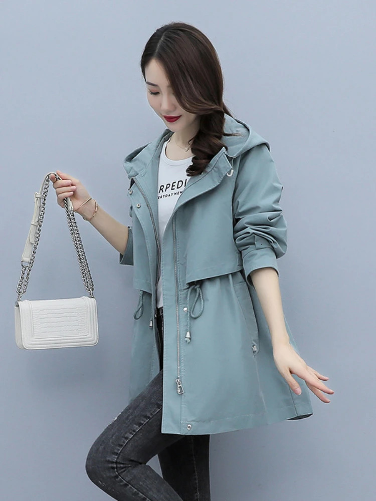 SpringSummer Womens Medium length Trench Coat Hooded with Zipper Tie Jacket British Style Loose Clothing 250409