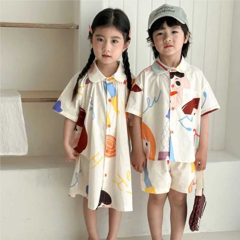 UNITIM New Summer Childrens Clothing Set Girls Cute Graffiti Dress Boys Short Sleeve Thin Shirts Childrens sisters Clothing S2548