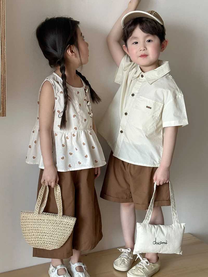 2PCs Childrens Summer Short Sleeve Set Boys Cotton Shirts Girls Sleeveless Top and Cropped Pants Set Brothers and sisters Clothing S2548