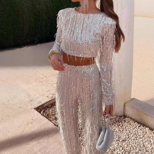 Fashion Women's Sequin Tassel Two - Piece Party Pants Set