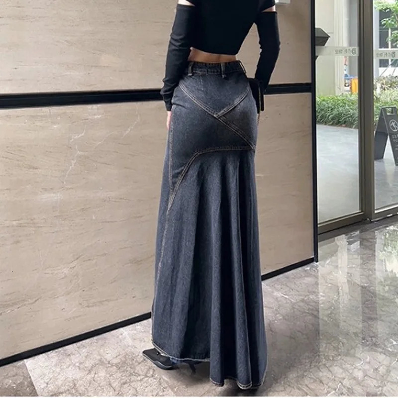 Maxi Skirt Women Casual Mermaid Streatwear High Waist Zipper Denim Skirts Y2k Streetwear Loose Long Mom Jeans Ankle Lenth Summer 250408