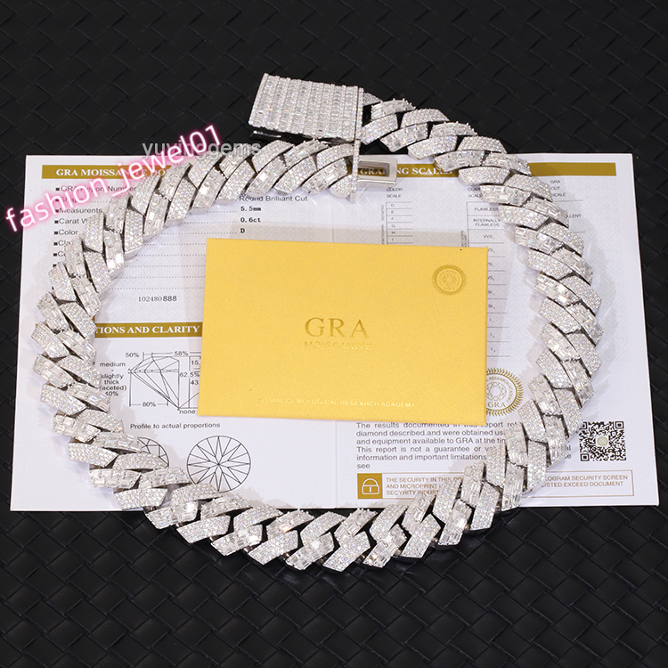 Yu Ying 22mm Wide Baguette Moissanite Diamond 18K Gold Plated Solid Silver Necklace Cuban Link Chain