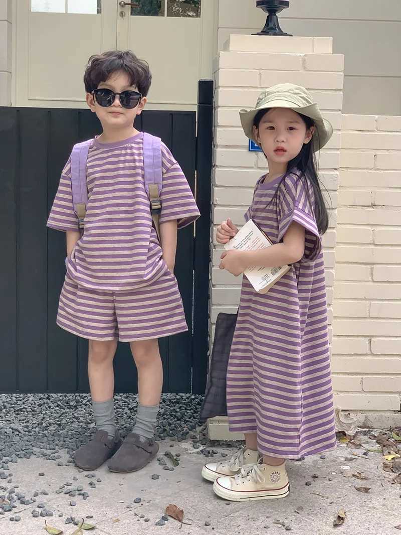 Milanker summer childrens clothing suit striped T-shirt and shorts boys casual suit girls long skirt brother sisters clothing S2548