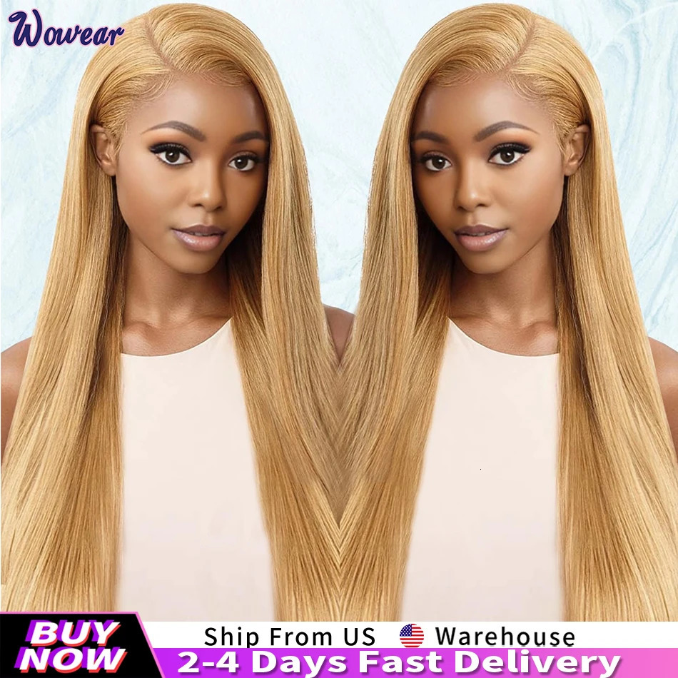 Honey blonde wig straight wig with human hair bones 13x6 high-definition transparent lace front wig #27 honey blonde colored wig 250407