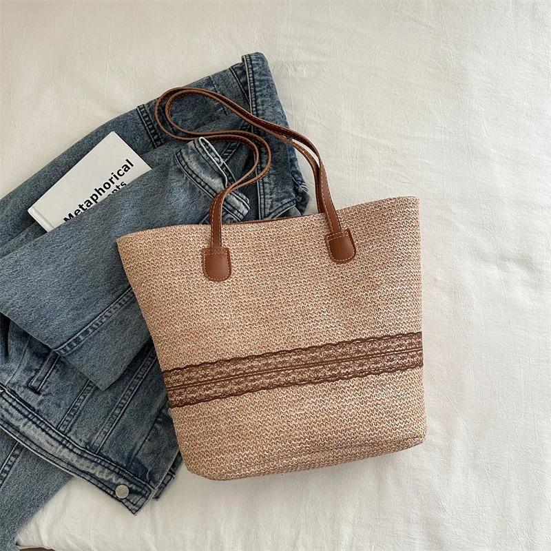Lace woven drawbar bag large capacity shoulder seaside beach casual handbag 250408
