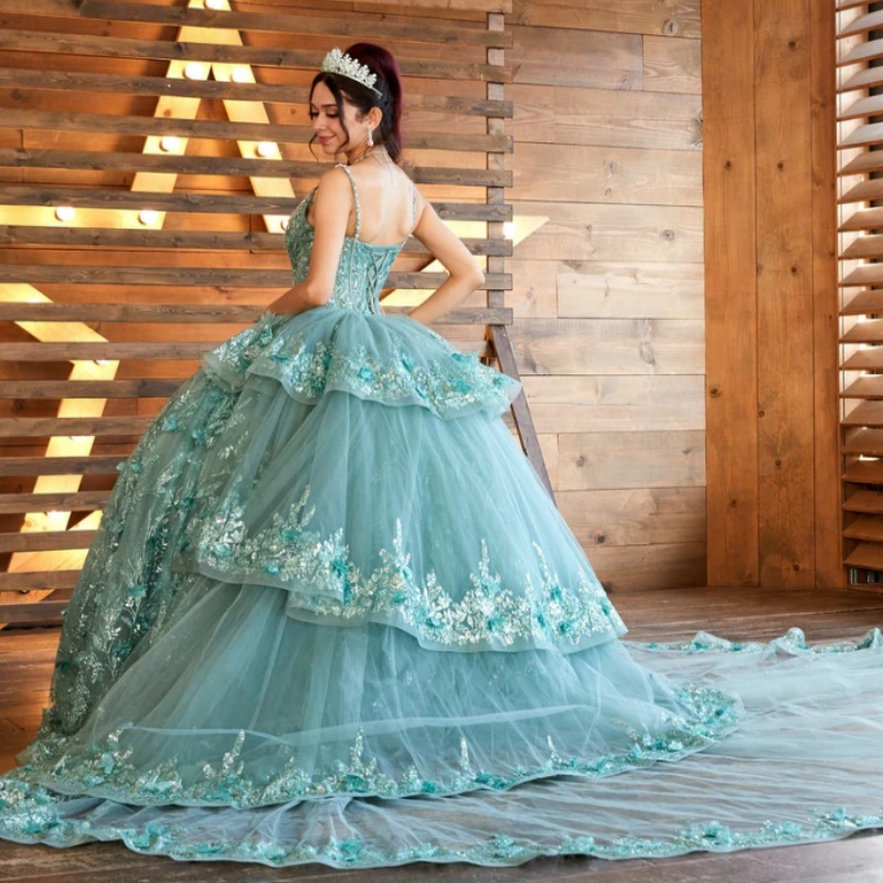 Mint Green Shiny Princess Quinceanera Dresses Spaghetti Strap Sequin Applique Flower Beading Crystal Tull Sweet 16 Dress Ball Gown Vestidos 15 De Anos