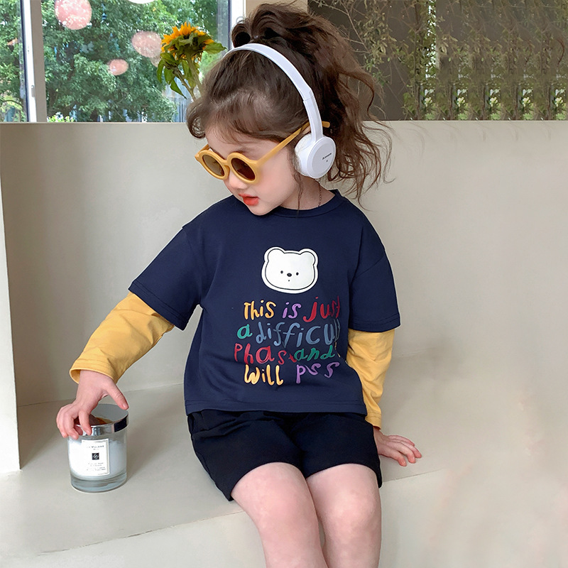 Ddmyshoesvip Girl S Color Blocking Fake Two Loose Long Sleeved T Shirts For Spring New Baby Base Shirt Children S Clothing