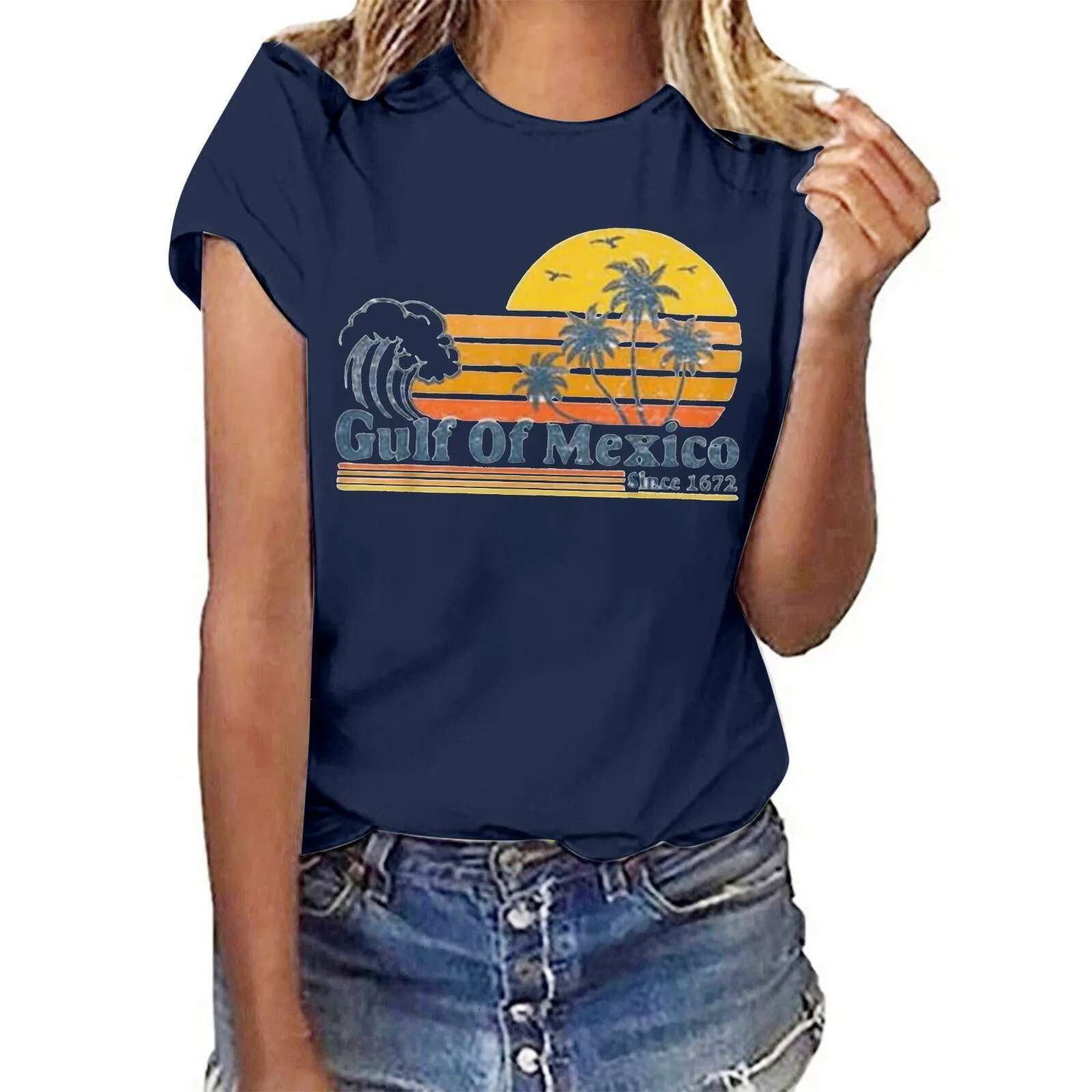 Dongdumaoyi Gulf Of Mexico Since T Shirt For Women S Letter Print Crew Neck Short Sleeve Tee Tops Female Shirt