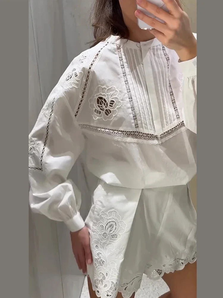 Fashion Womens Embroidery Shorts Set Lantern Long Sleeve Hollow Out Tops Short Pants Sets 2025 Spring Summer Lady Outfit 250408