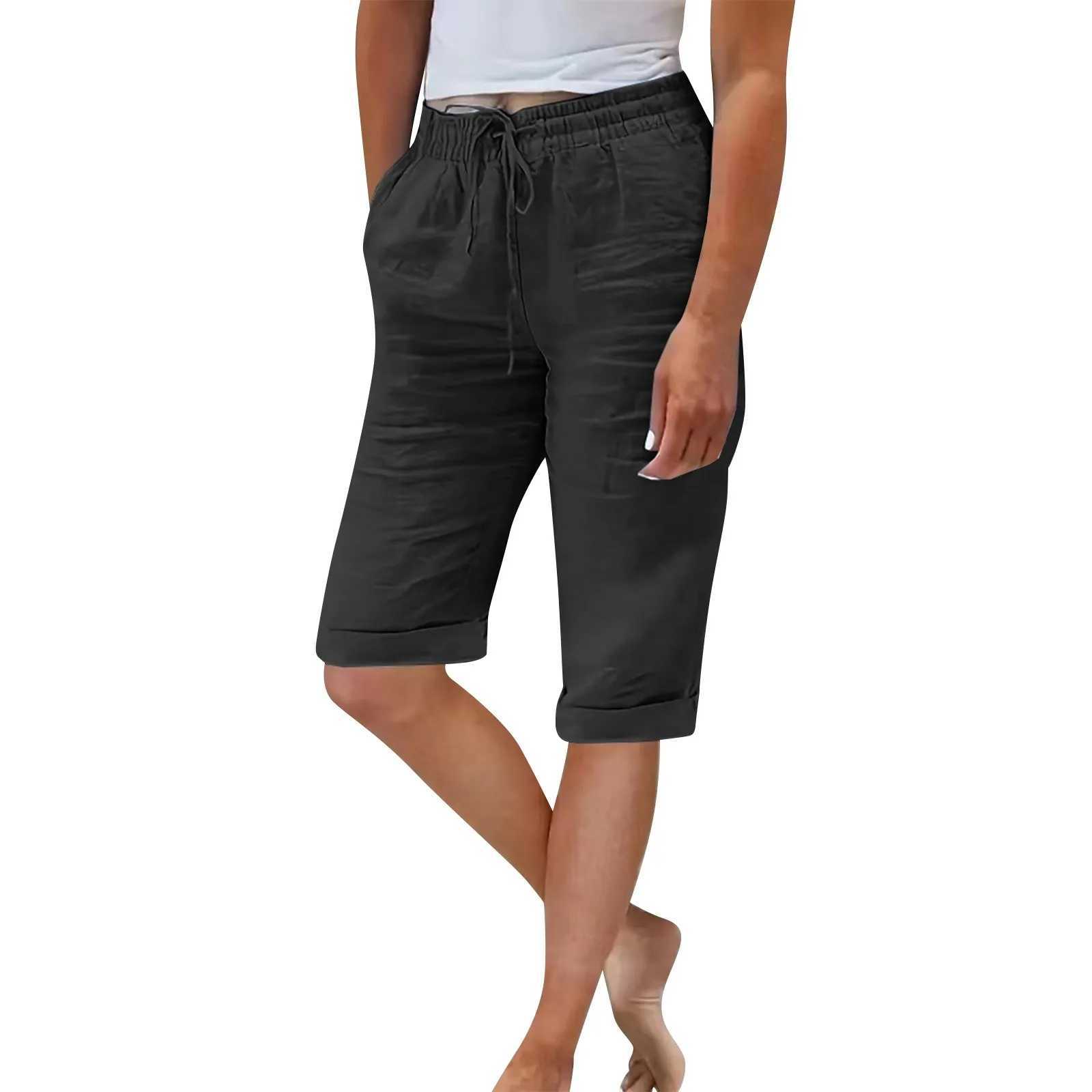 Womens summer elastic waist pocket solid color cotton linen wide leg pants womens loose pantsXJ250403