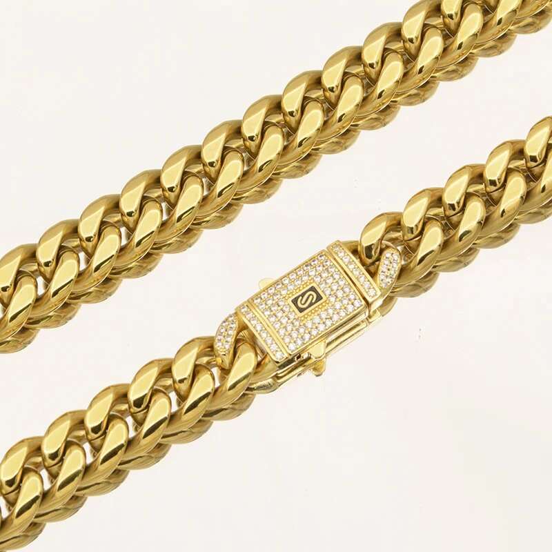 Hip Hop Bling Iced Out Gold Color Stainless Steel CZ Cuban Miami Necklace Link Chain for Men Rapper Jewelry