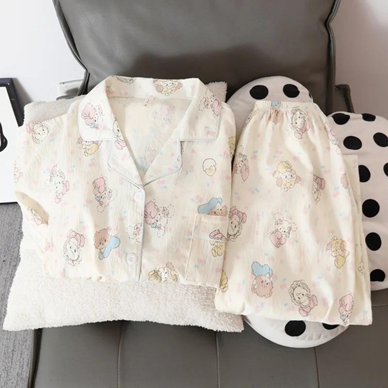 Korean Cute Cartoon Cat Printed Womens Pajamas Kawaii Casual Full Set Autumn Vneck Pajama 250409