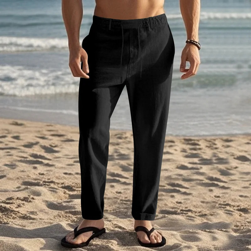 2024 Mens Trousers Spring and Autumn Drawstring Simple Fashion Solid Color Daily Casual Cotton Linen Straight Trousers 250408