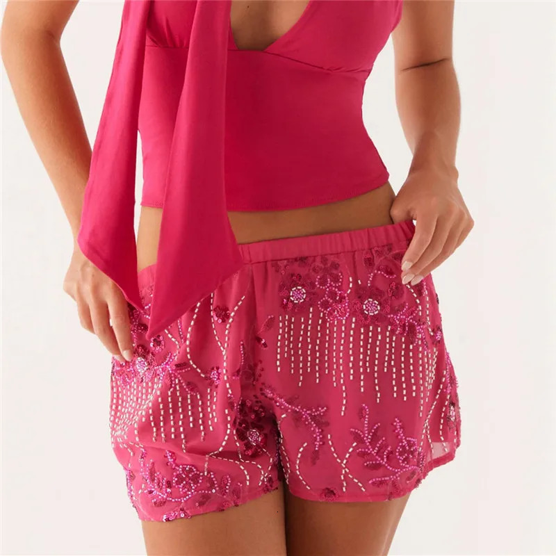 Womens Sequin Sparkle Beaded Mini Shorts Y2k Low Rise Pearl Going Out Bottoms Summer Bling Glitter Rhinestone Pants 250409