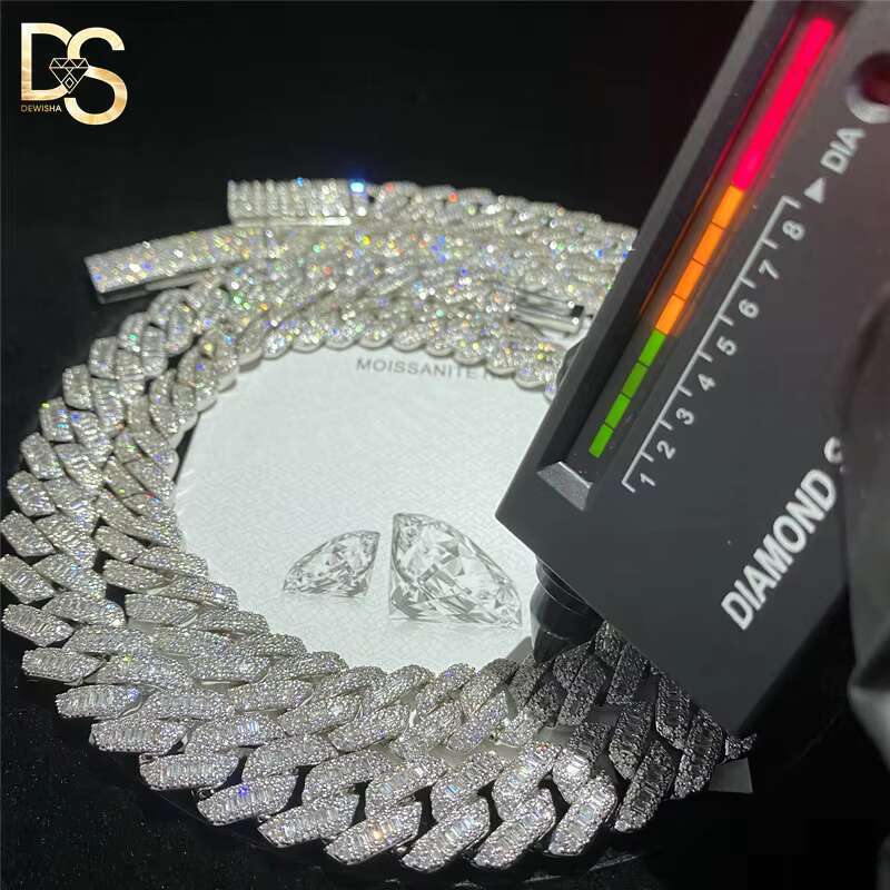 New Fashion 15mm Hip Hop Mens S925 Silver Plated Moissanite Diamond Iced Out Cuban Chain Necklace