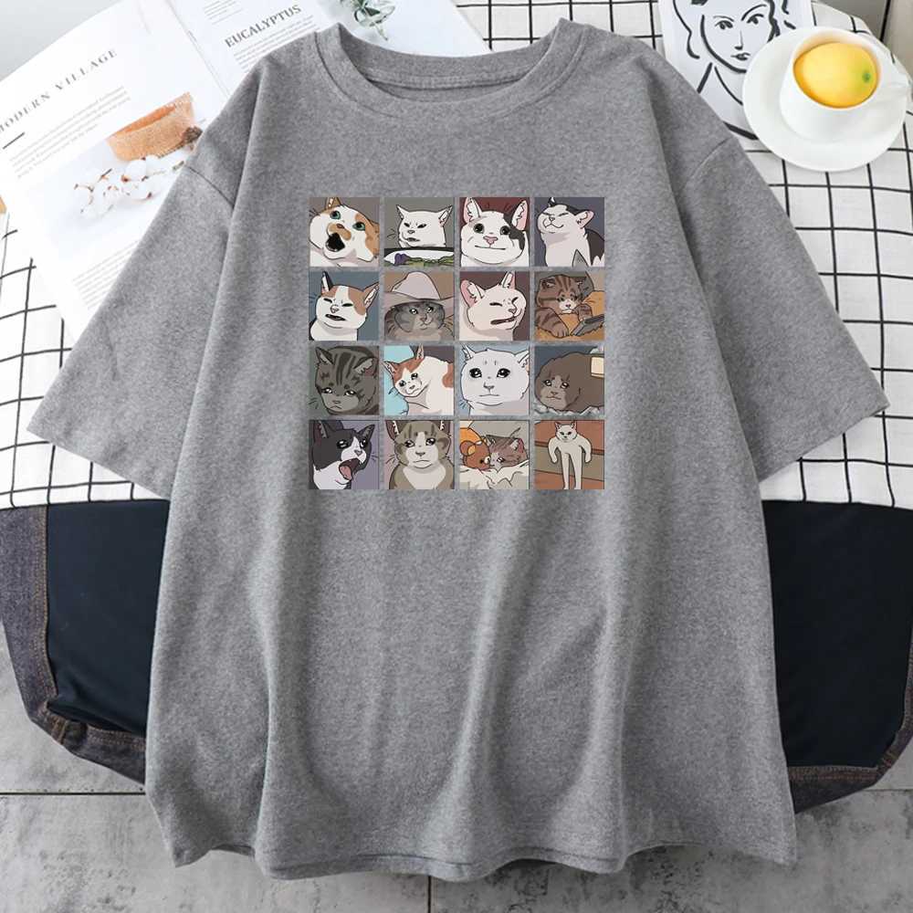 Meme cat puzzle cotton T-shirt Harajuku printed mens T-shirt Korean street short sleeved summer casual O-neck top mens clothingXJ250409