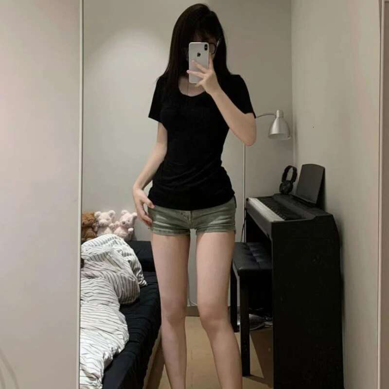 T-Shirts Women Summer Hot Girls Abdomen Short Slim American Style Spicy High Waist Tops Solid Simple Leisure All-match V-Neck