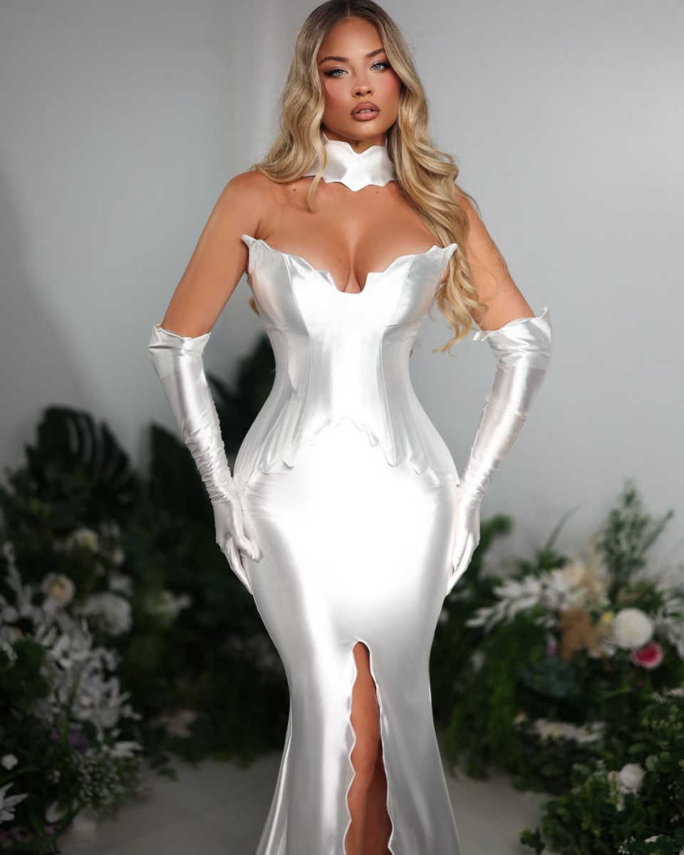 Elegant Satin Mermaid Wedding Dress Pleats Side Split Boho Bridal Gowns Customized Bride Dress With Veil