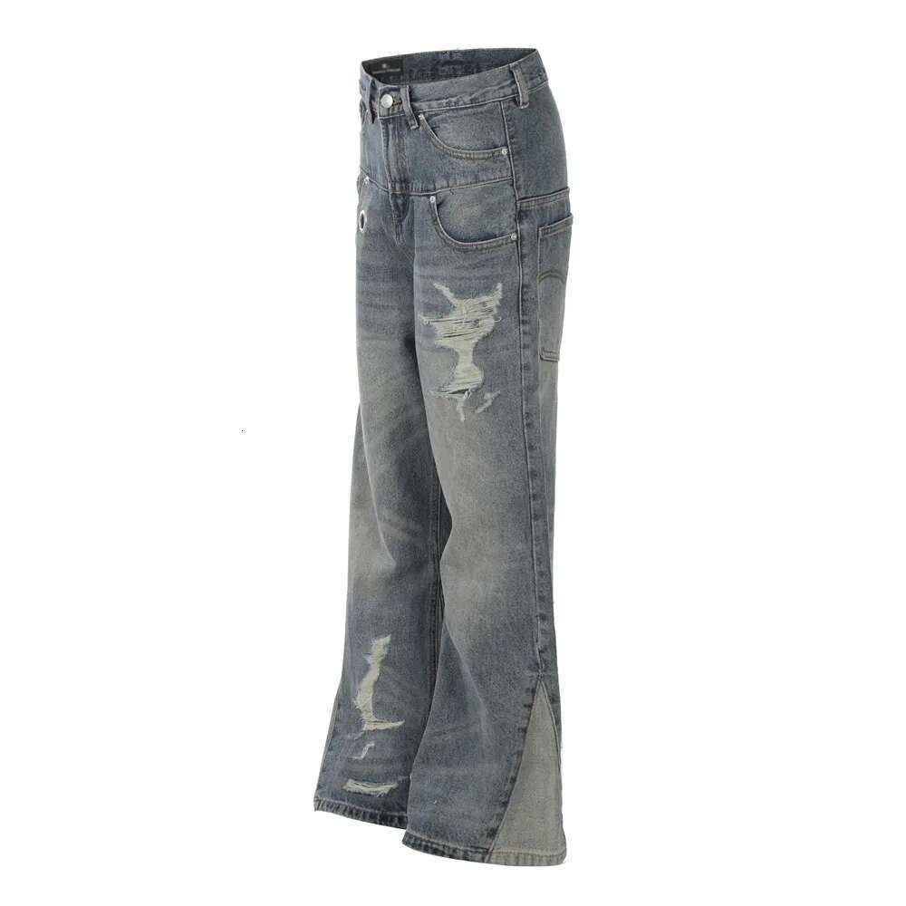 Ripped Spliced Jeans Mens Washed Distressed High Street Retro Loose Straight Flare Denim Pants Men