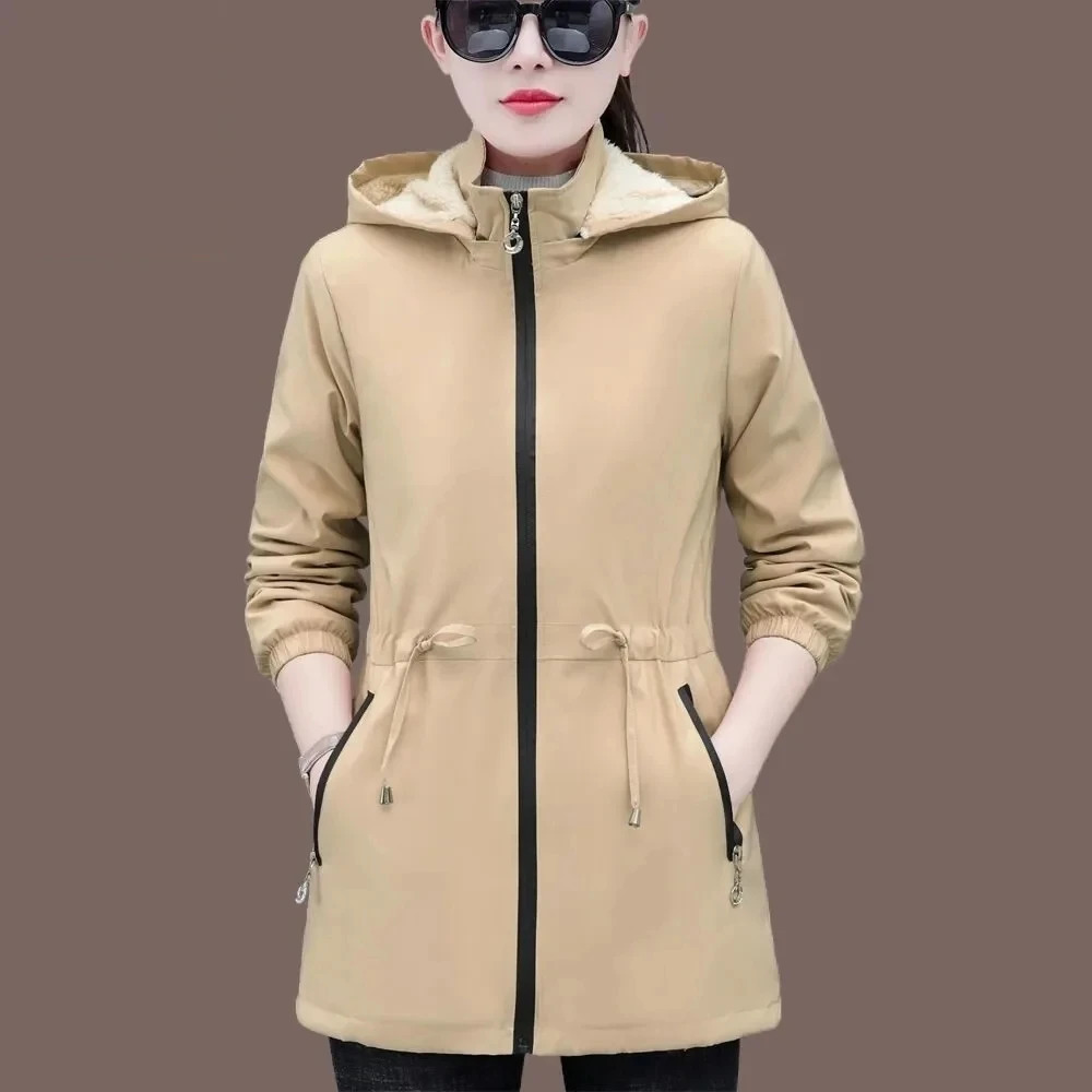 Autumn Winter Jacket Womens Windproof Velvet Warm Medium Length Hooded Trench Coat Korean Top High Quality 5XL 250409