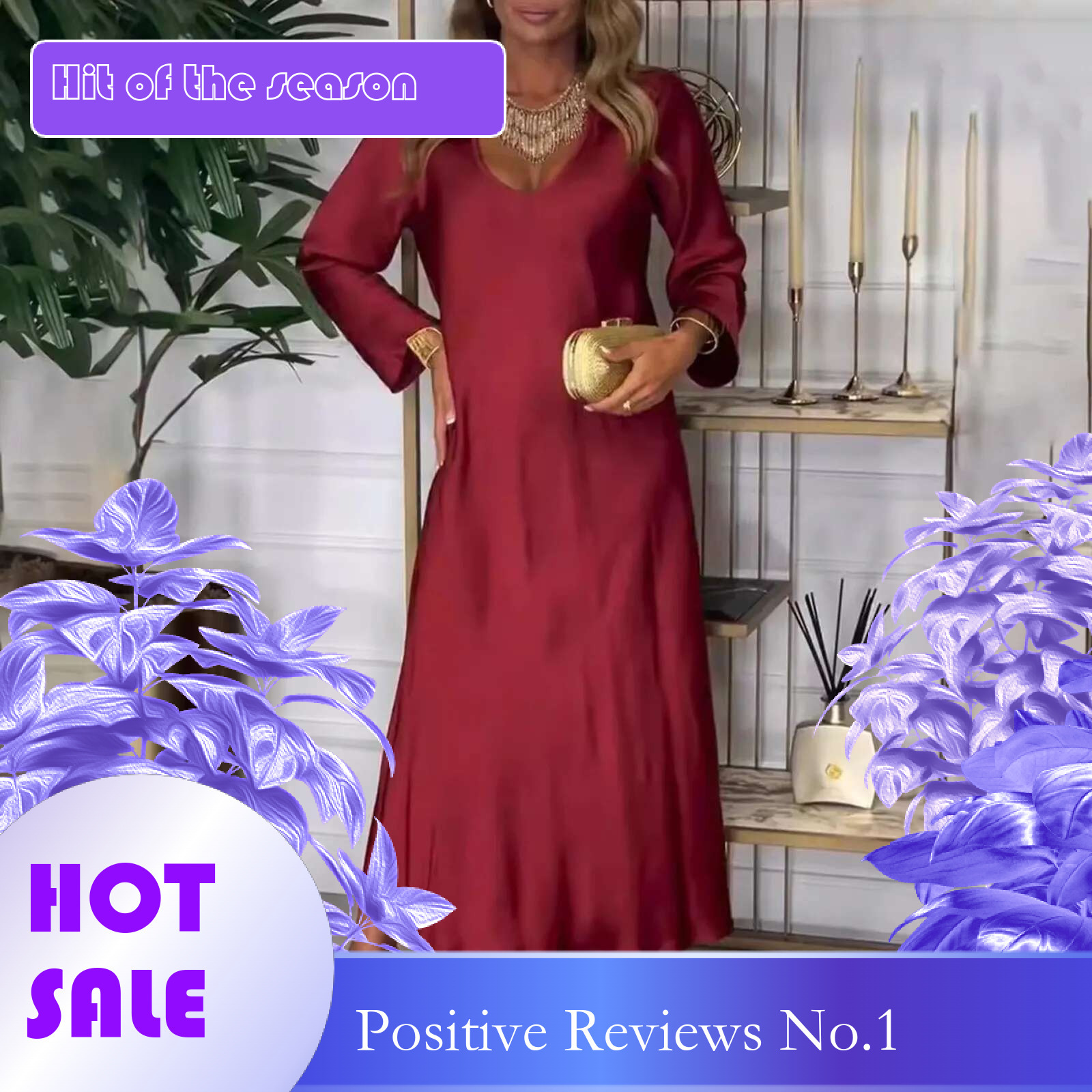 Dongdumaoyi Autumn Satin V Neck Long Sleeved Party Dress Casual Women Solid Color Commuting Maxi Elegant High Street A Line