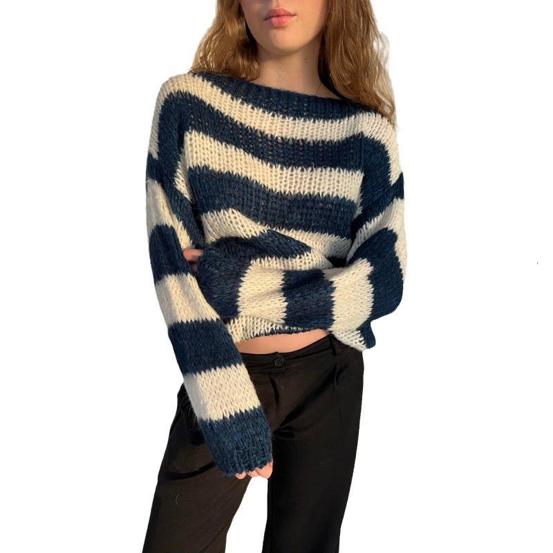 2025 Winter New Sweater Womens Round Neck Striped Loose Lazy Long Sleeve Knitted Sweater Womens Dress