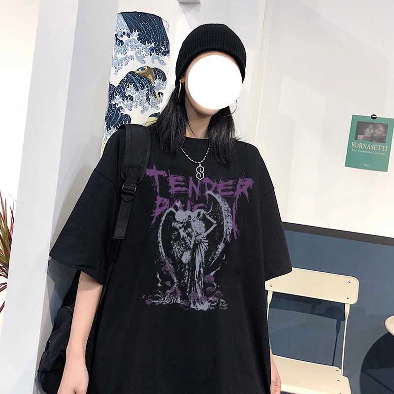 Womens T-shirt Hip Hop Street Clothing Top Gothic Devil Angel Retro Printed T-shirt Womens Summer Punk Oversized T-shirt Casual T-shirtXJ250409