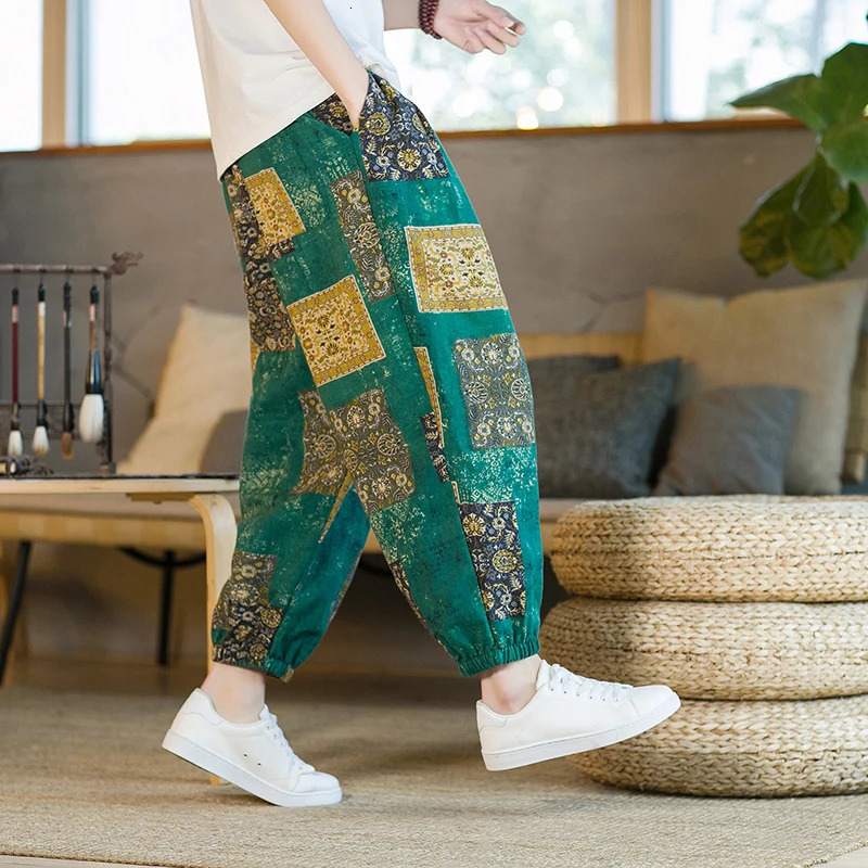 Men Harem Pants Joggers Printed Drawstring Drop-Crotch Trousers Men 2025 Summer Loose Streetwear Cotton Linen Casual Pants 250408