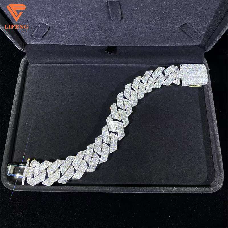 Lifeng Jewelry 20mm 4rows VVS Moissanite Cuban Link Chain Bracelet Sterling SIlver Diamond Hiphop Moissanite Cuban Chain for Men