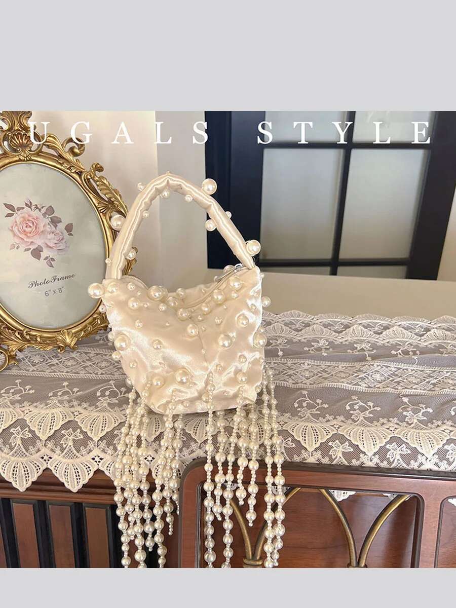 Pearl Handmade Bead Tassel Women Handbag Woven Party Wedding Evening Small Box Basket Bag