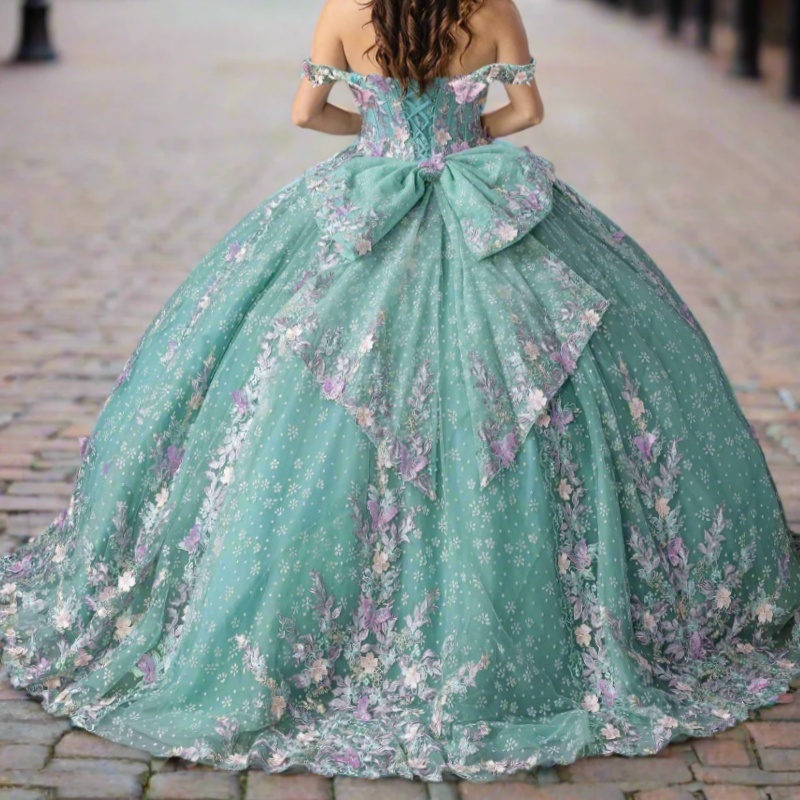 Mint Green Shiny Princess Quinceanera Dresses Off Shoulder Beads Applique Lace Tull Sweet 16 Dress Ball Gown Vestidos 15 Anos
