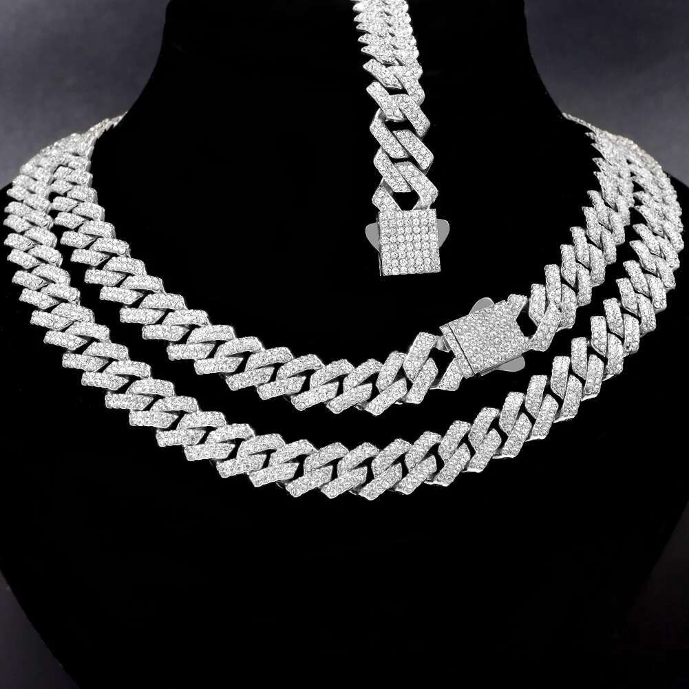 Iced Out Cuban Link Chain 14MM Prong Rhombus Diamond Cuban Chain Hip Hop Choker Necklaces Women Men Jewelry Wholesale