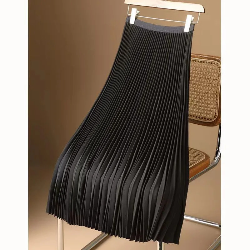 Women Vintage Midi Skirt Wide Elastic Waistband High Waist Pleated A-Line Skirt Summer Solid Color Smooth Satin Long Skirts 250409