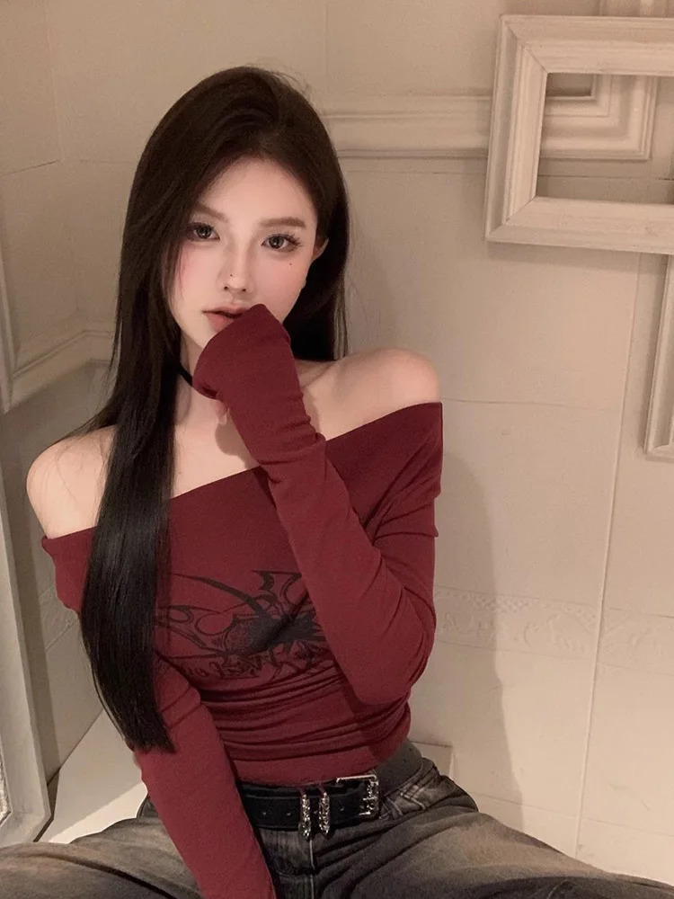 T Shirt Women Long Sleeve Off Shoulder Y2k Vintage Tops Streetwear Korean Style Crop Tops Autumn 250409