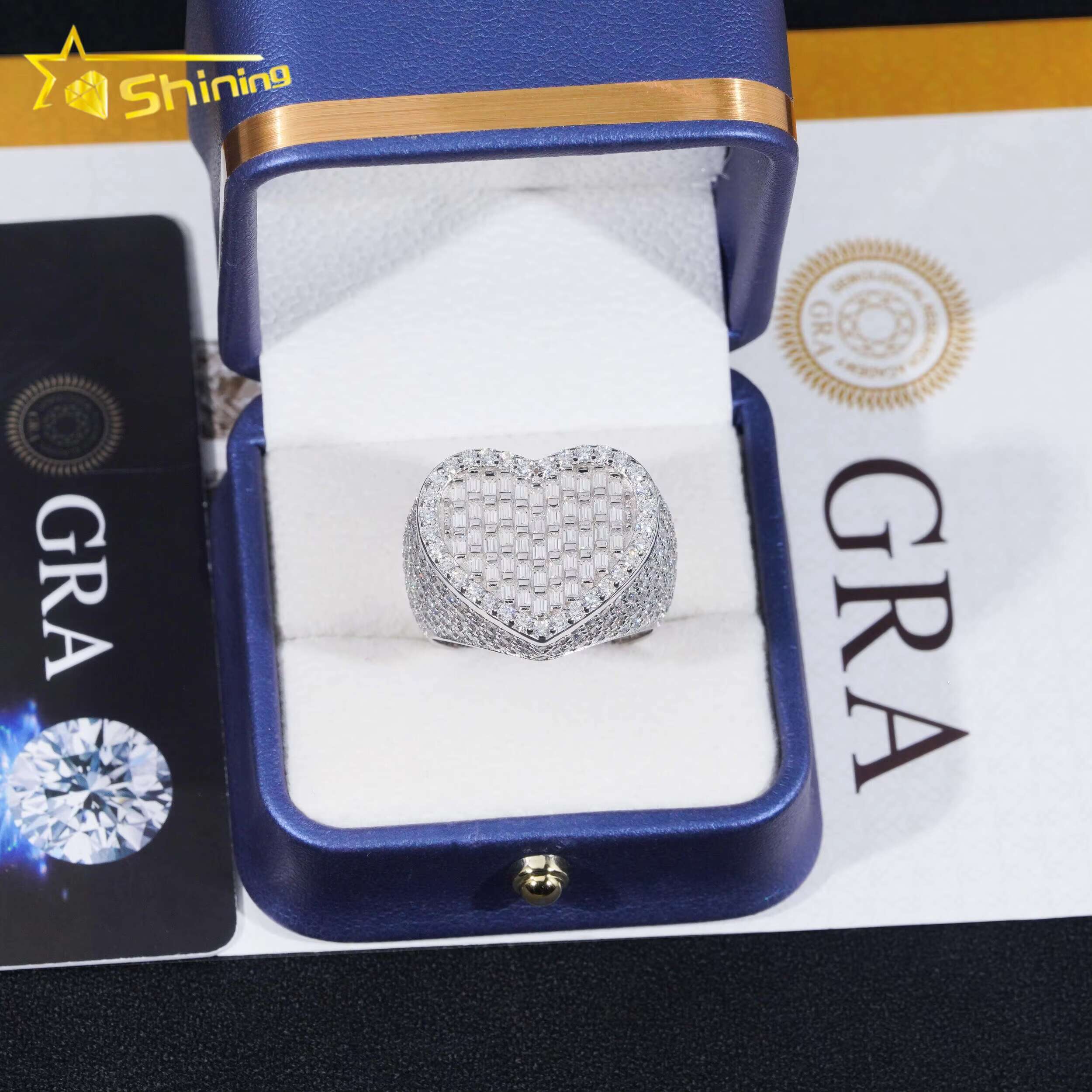 Hip Hop Jewelry Luxury Baguette Diamond Heart Iced Out Moissanite 925 Sterling Silver Ring for Men