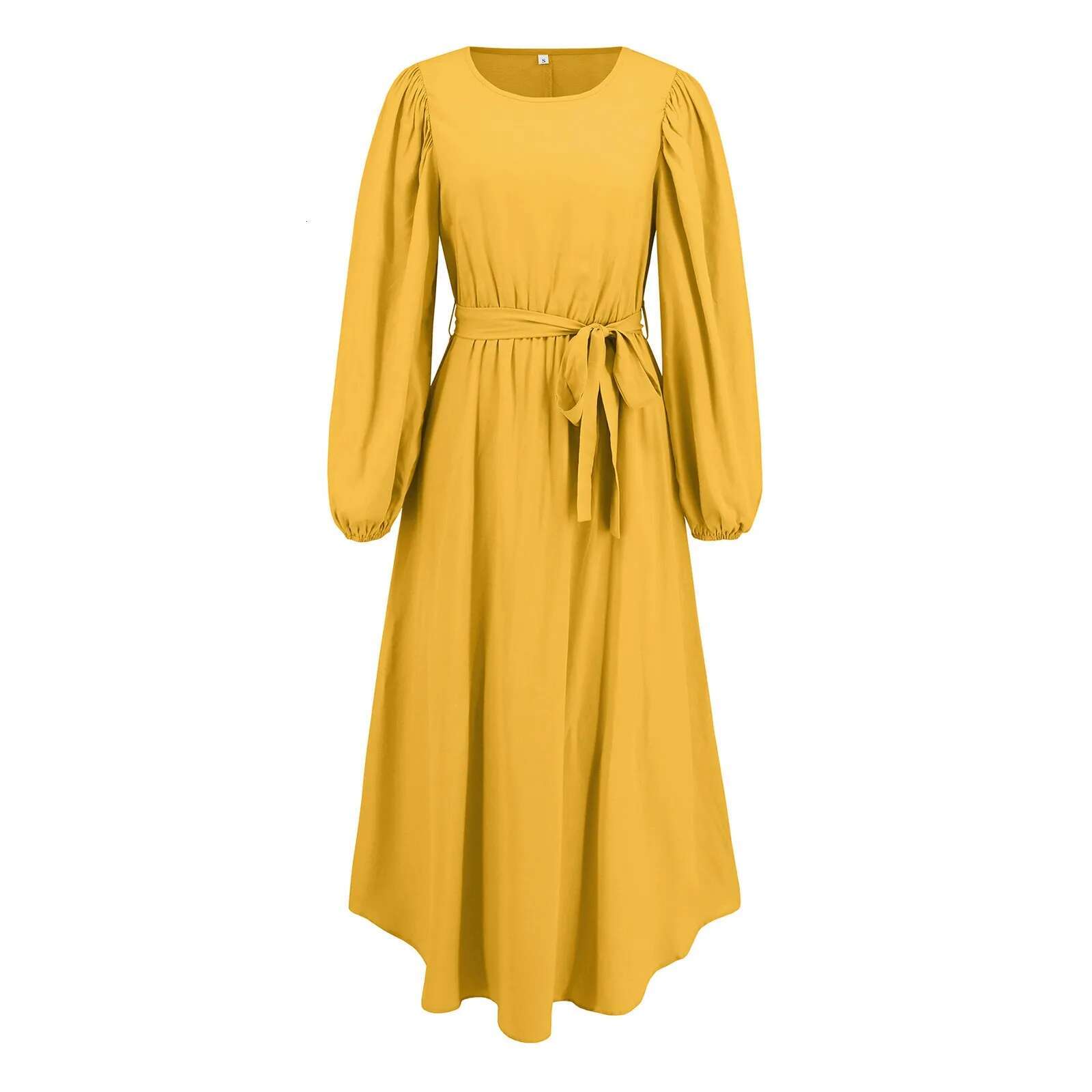 Dongdumaoyi Spring Round Neck Puff Long Sleeve Dress Casual Solid Color A Line For Womens Maxi Belt Robe