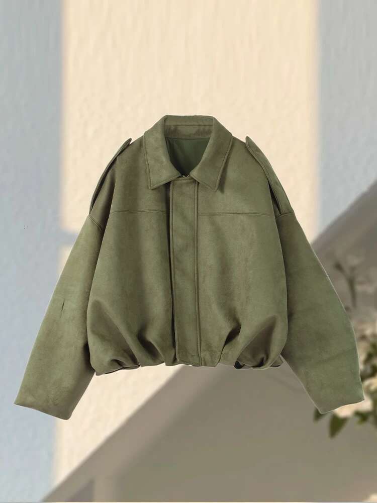 Vintage Suede Solid Women Jacket Casual Lapel Zippers Covered Button Female Coats 2025 Spring Autumn Street Lady Outwear
