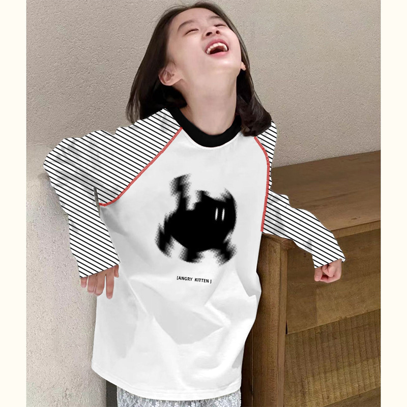Ddmyshoesvip Girls Striped Raglan Top Medium To Large Children S Clothing Spliced Sleeved Bottom Shirt Korean Casual Versatile Long T Shirt