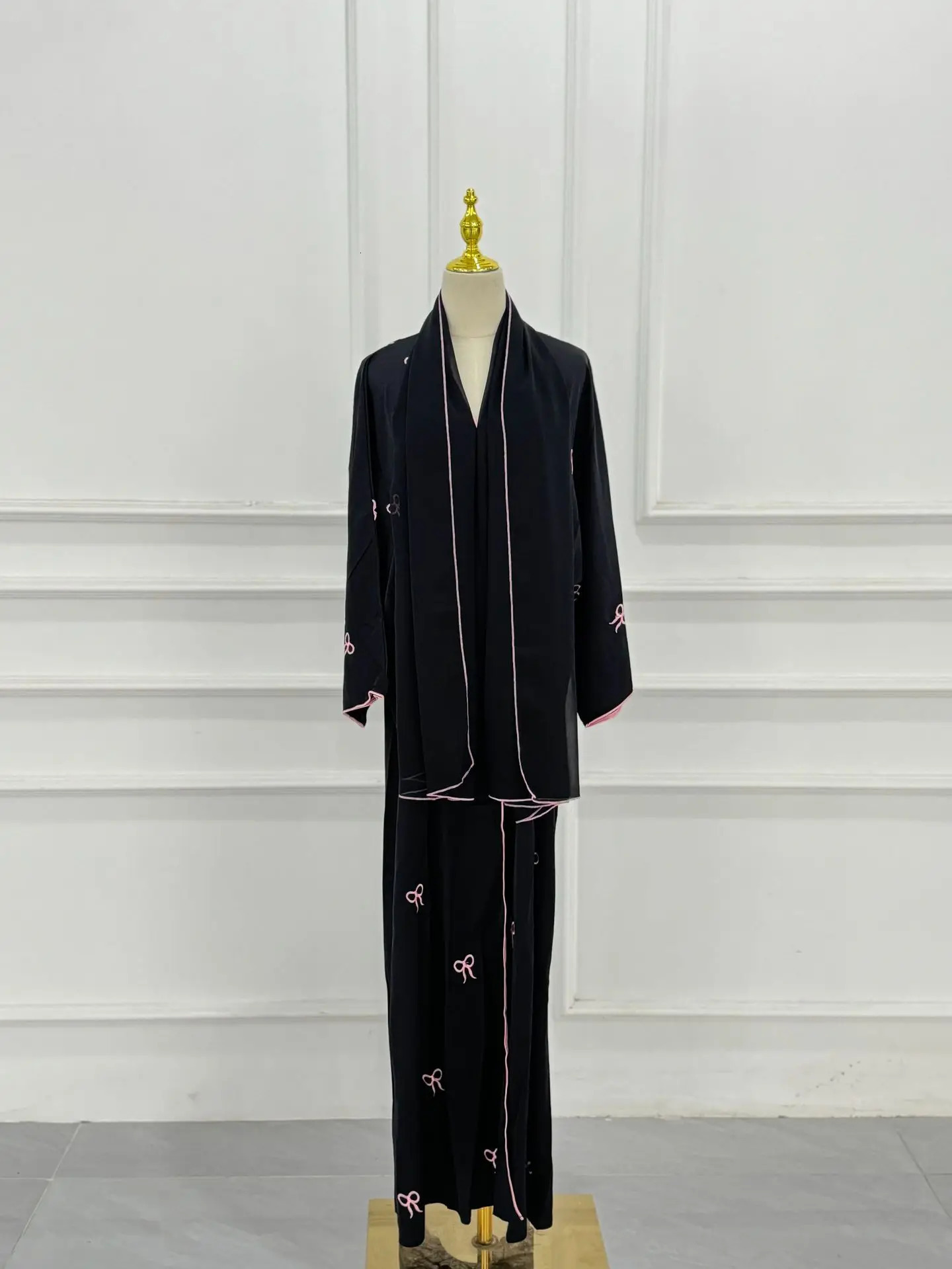 Arab womens open front top wool scarf hooded robe Islamic bow ed loose Kaftan clothing 250409