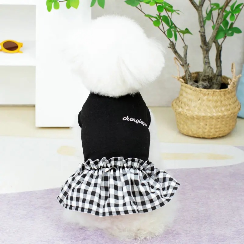 Soft Puppy Summer Outfit - White & Black Plaid Dress for Dogs like Chihuahuas and Bulldogs