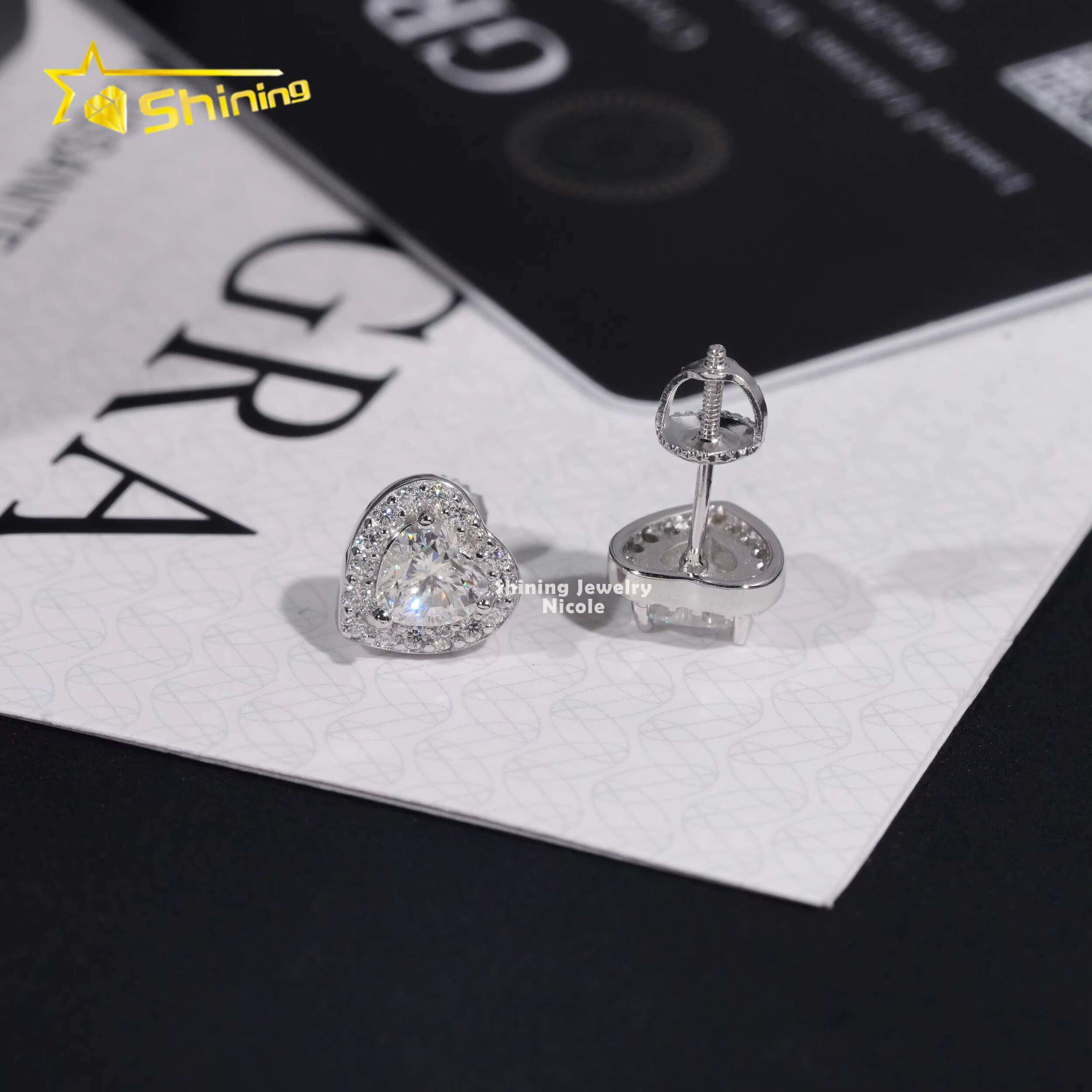 Hip Hop Style High Quality Wholesale Price 925 Sterling Silver Moissanite Stud Heart Earrings