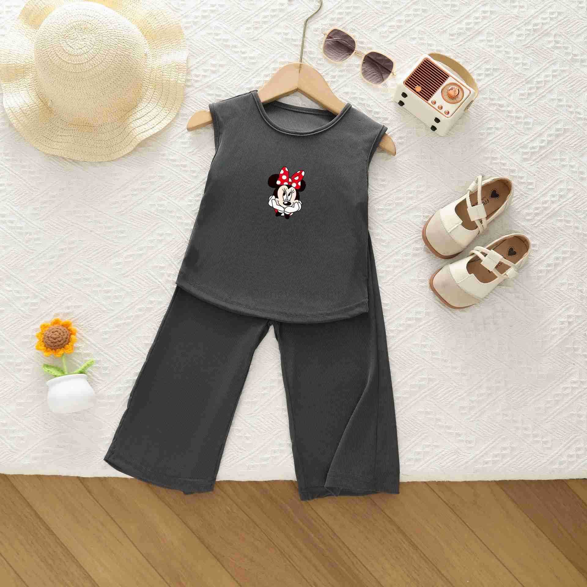 Disney Childrens Cartoon 2025 Summer New Sleeveless Ice Silk Set Tank Top Loose and Comfortable Two Piece Set for Girls SummerXJ250409