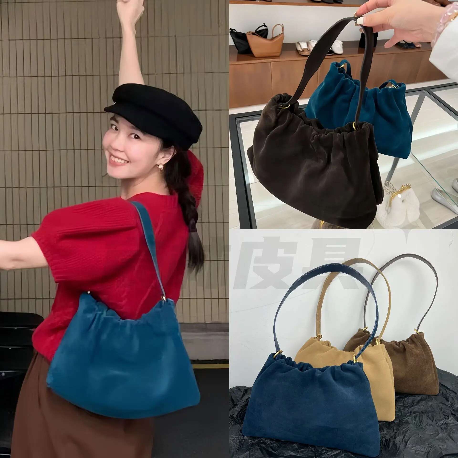 Ruched Korean Kakhi Coffee Designer Armpit Shoulder Bag 2 Straps Real Matte Suede Cow Leather Women Handbag 2025 Chamois Tote
