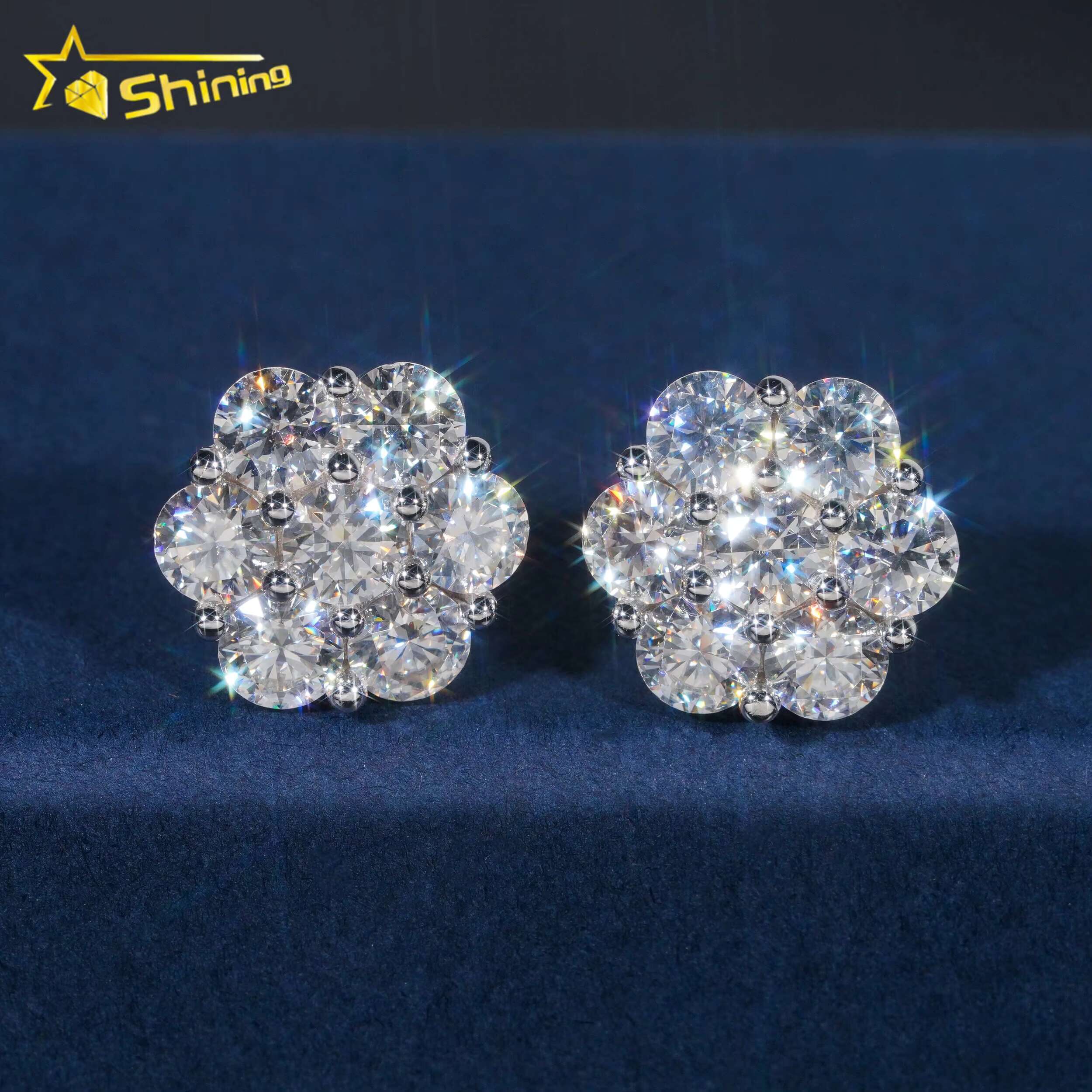 Ready to Ship Hip Hop Style Pass Diamond Tester 925 Silver Gold Plated VVS Diamond Moissanite Flower Stud Earrings Cluster