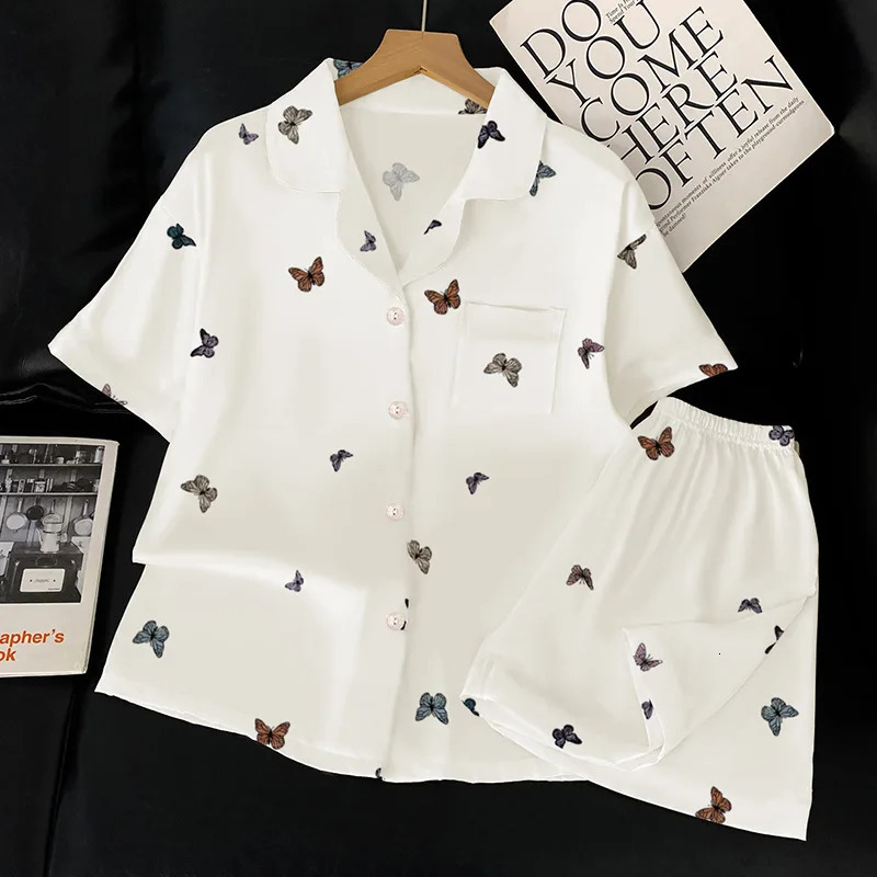French highend butterfly ice silk sleepwear womens summer short sleeved cardigan twopiece set family wear real clothing 250409