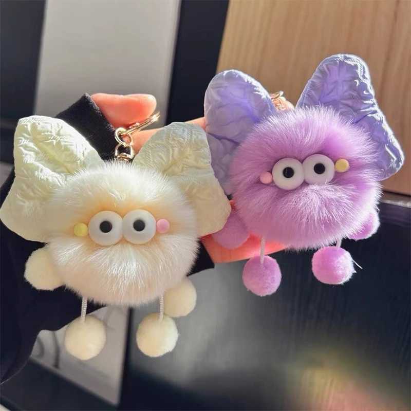Cute cartoon big eyed plush doll bow keychain fun ball car keychain pendant toy backpack decoration accessories giftXJ250409